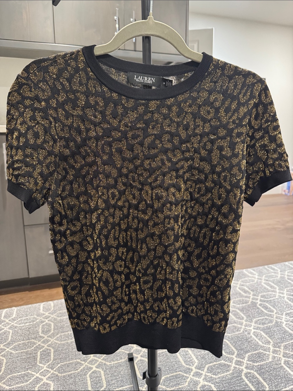 Lauren Ralph Lauren Black and Gold Leopard-Print Short Sleeve Knit Top
